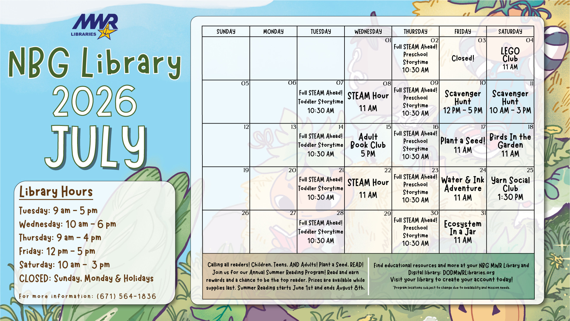 July 2026 NBG Library calendar featuring Summer Reading Program events, storytimes, STEAM activities, crafts, scavenger hunts, book club, library hours, and family-friendly programs for all ages.