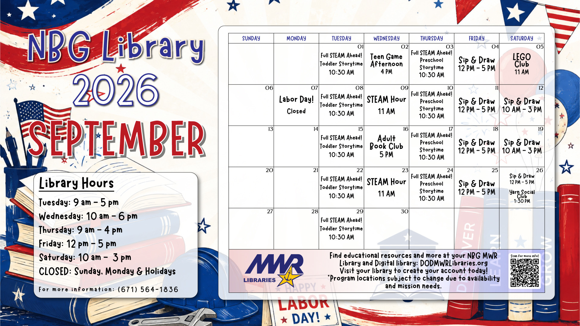NBG Library September 2026 calendar featuring storytimes, STEAM, clubs, and creative programs.
