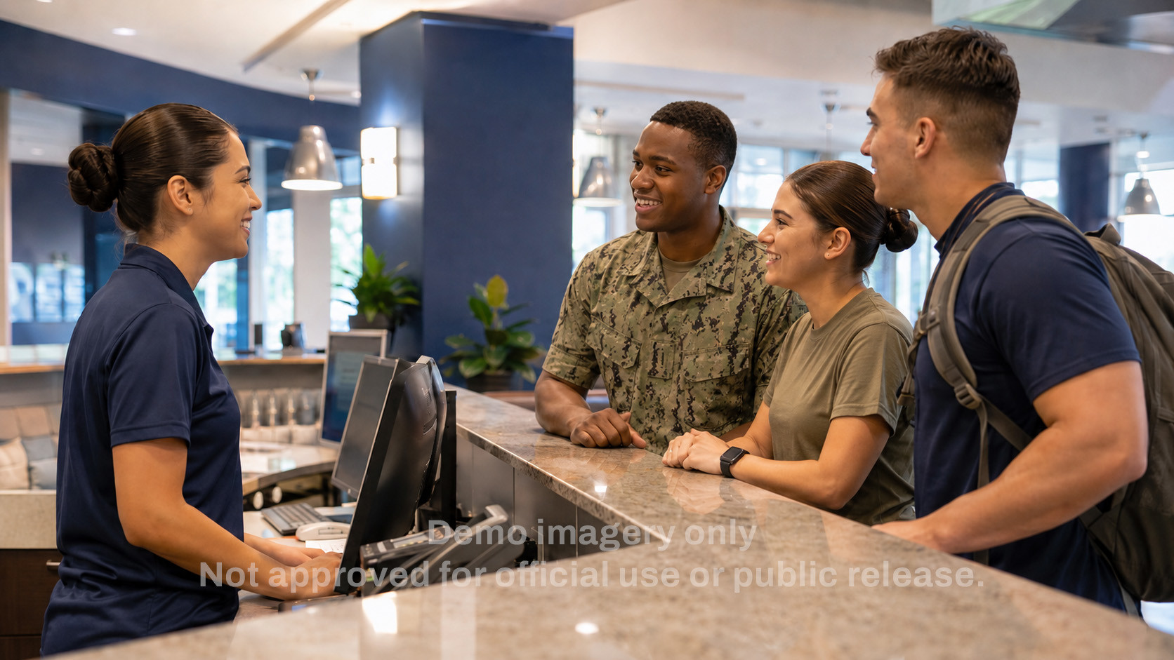 Image of front desk customer service member greeting military patrons